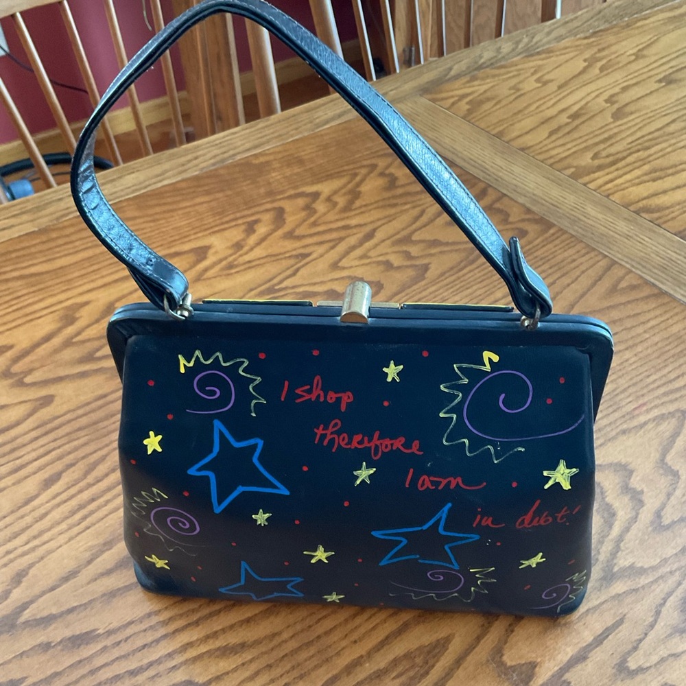 Vintage Upcycled, Painted on Black Background Satchel - Picture 3 of 11